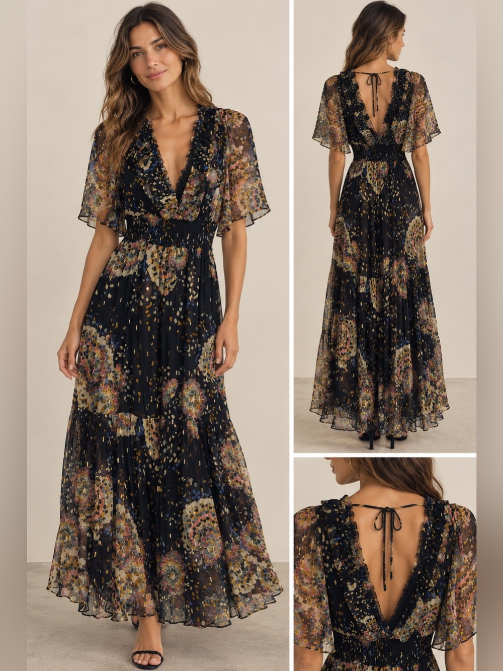 Anthropologie Black Floral Maxi Dress with Gold Speckle